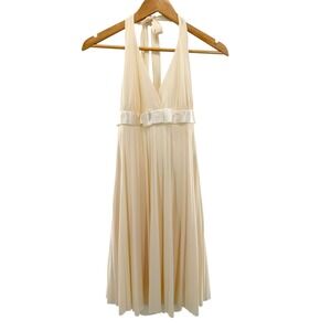 Fredericks of Hollywood Cream Pleated Halter Dress Satin Bow V-Neck Size L USA